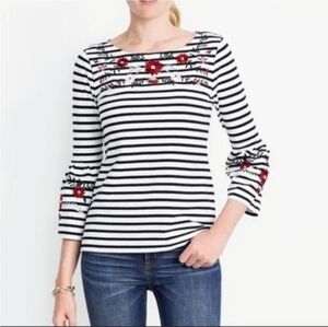 J. Crew Top Black White Stripe Multicolor Floral Embroidery Bell 3/4 Sleeves
